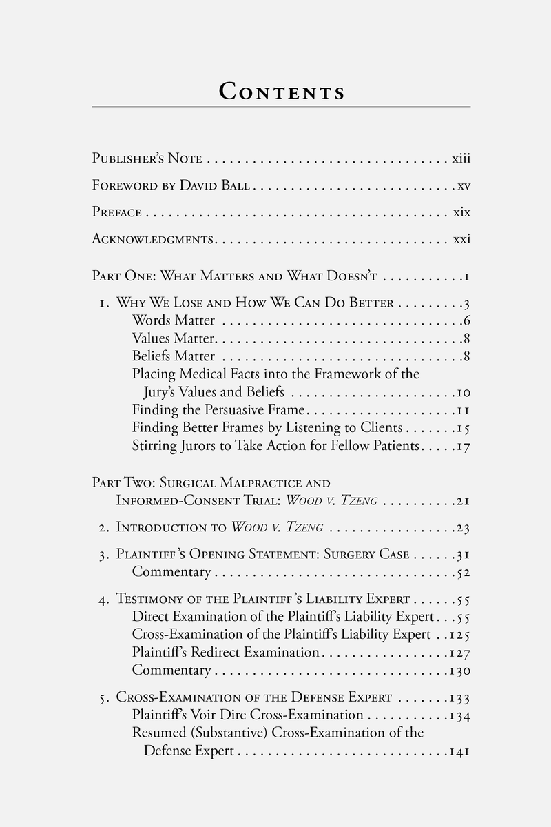 Table of Contents for Winning Medical Malpractice Cases With the Rules of the Road Technique